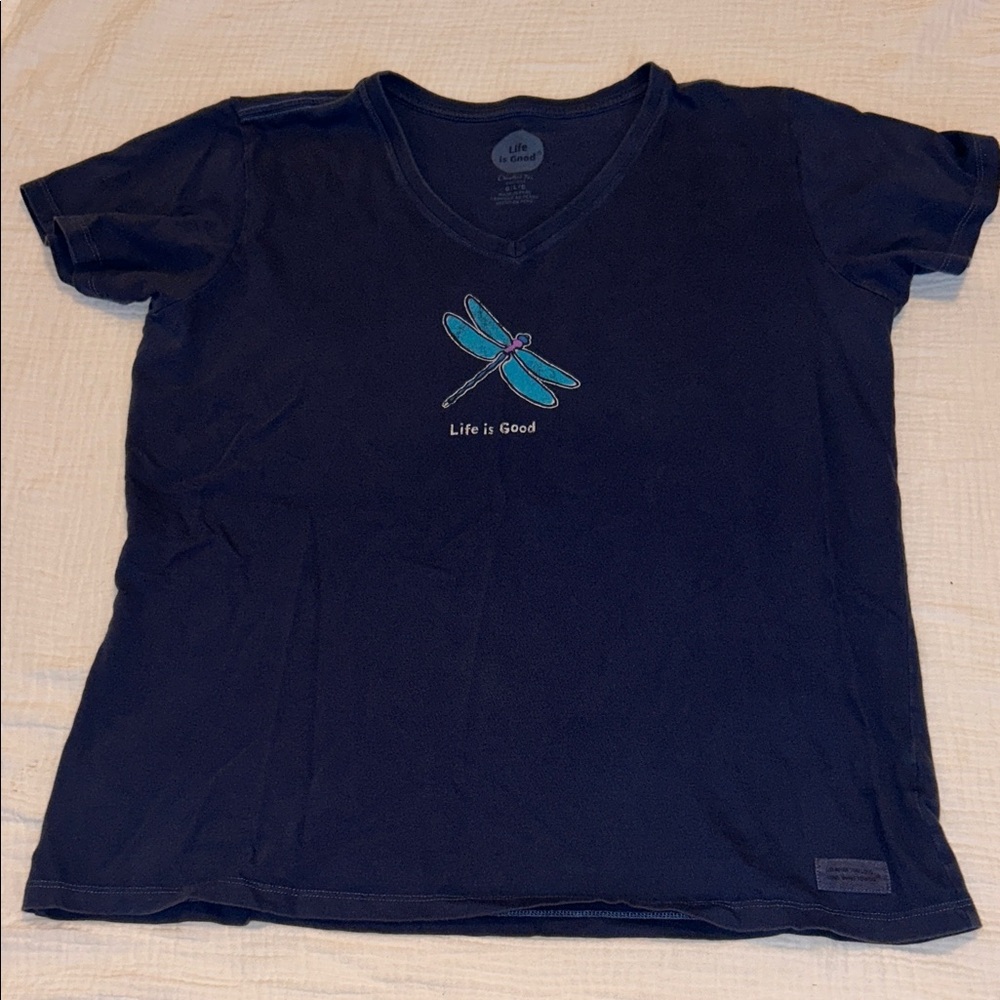 LIFE IS GOOD Women’s Dark Blue Tee with Dragonfly Large Casual
